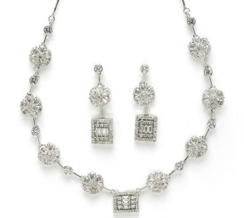 Silver Plated Brass Luxury Crystal AD Diamond Symphony Link Necklace with Silver Toned Earrings Necklace Set for Women and Girls