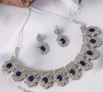 Fancy Rhodium Plated Blue AD Stone Collar Bone Necklace Set With Earring And Maangtika | Jewellery Set For Women