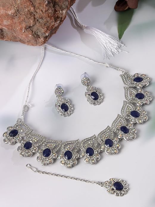 Fancy Rhodium Plated Blue AD Stone Collar Bone Necklace Set With Earring And Maangtika | Jewellery Set For Women