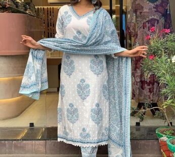 Women Cotton Block Printed Kurta Pant With Dupatta