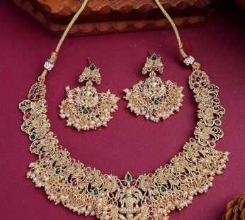 South Indian Traditional Stylish Gold Plated with Beaded Studded Choker Necklace with Dangle Earring Jewellery Set for Women & Girls