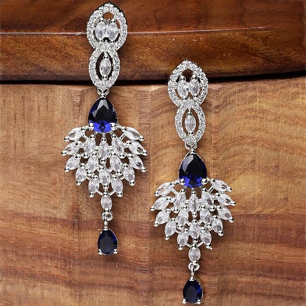 Rhodium-Plated American Diamond Studded Handcrafted Spiked Drop Earrings For Girls and Women