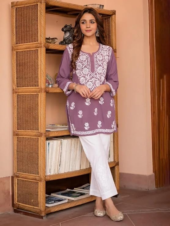 Women's Rayon Floral Embroidered Short Kurti